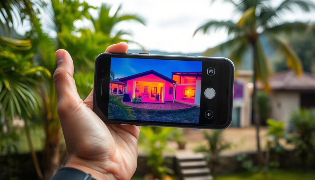 A thermal camera application being used in a typical Brazilian setting. In the foreground, a person's hand is holding a smartphone with a thermal imaging overlay, capturing the heat signatures of nearby objects. The middle ground shows a residential or commercial building, with various structural elements and surfaces highlighted in a vibrant color palette to depict their thermal properties. In the background, a lush, verdant landscape with palm trees or other tropical foliage provides a natural backdrop, conveying a warm, inviting atmosphere. The lighting is soft and natural, with the thermal camera's sensitivity and dynamic range showcasing the nuanced temperature variations across the scene. The overall composition and level of detail should effectively illustrate the practical applications and use cases of thermal imaging technology in the Brazilian context.