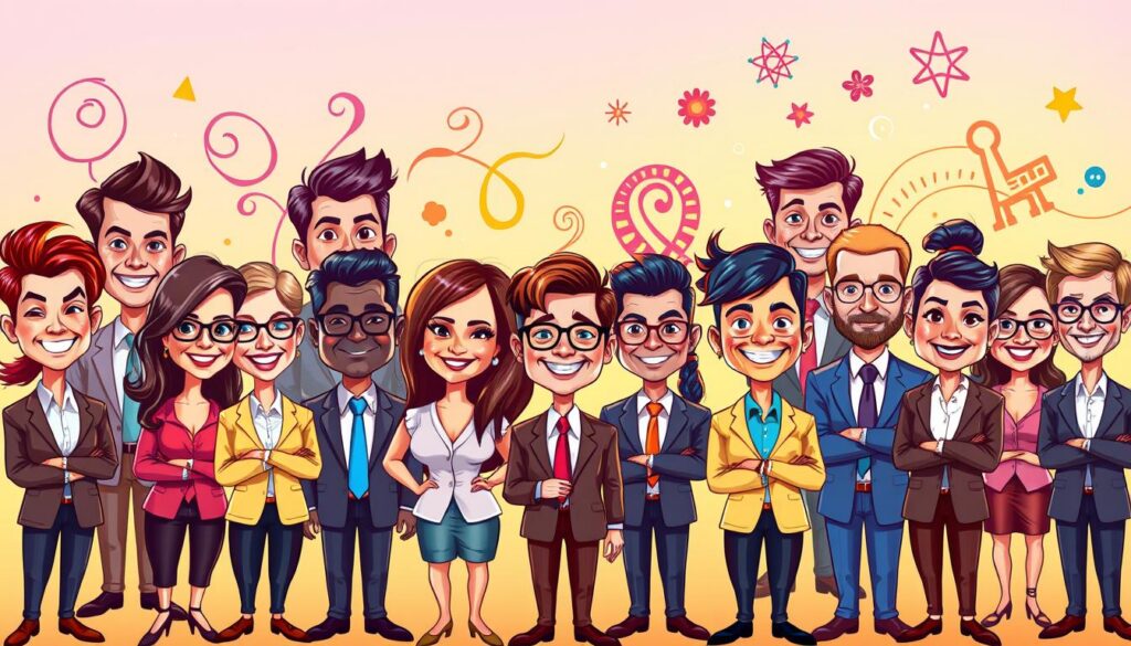 A vibrant and engaging illustration showcasing various AI-generated caricature styles. In the foreground, depict a diverse group of people, each displaying unique caricature features, such as exaggerated facial expressions and distinctive hairstyles, all dressed in professional business attire. In the middle ground, illustrate whimsical elements reflecting different artistic styles, such as colorful swirls, abstract shapes, and playful patterns that symbolize creativity in AI art. The background should feature a soft gradient of bright colors, giving the image an uplifting mood. Use warm, even lighting to enhance the playful atmosphere, with a slight downward angle to draw attention to the caricatures. The overall composition should feel lively, inviting, and inspiring, showcasing the potential of AI in artistic expression.