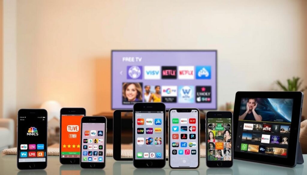 A vibrant and visually appealing image of free TV streaming apps, showcasing a clean and modern interface on a range of devices. The foreground depicts several smartphones and tablets displaying various channel logos and program thumbnails, conveying the wide selection of content available. The middle ground features a sleek, minimalist smart TV with a clear, uncluttered UI, highlighting the ease of accessing channels on larger screens. The background subtly suggests a relaxed, comfortable living room setting, with warm lighting and soft, neutral tones to create a welcoming atmosphere. The overall composition emphasizes the convenience and cost-effectiveness of using these free TV apps, aligning with the article's focus on accessible, no-cost television viewing options. A vibrant and visually appealing image of free TV streaming apps, showcasing a clean and modern interface on a range of devices. The foreground depicts several smartphones and tablets displaying various channel logos and program thumbnails, conveying the wide selection of content available. The middle ground features a sleek, minimalist smart TV with a clear, uncluttered UI, highlighting the ease of accessing channels on larger screens. The background subtly suggests a relaxed, comfortable living room setting, with warm lighting and soft, neutral tones to create a welcoming atmosphere. The overall composition emphasizes the convenience and cost-effectiveness of using these free TV apps, aligning with the article's focus on accessible, no-cost television viewing options.