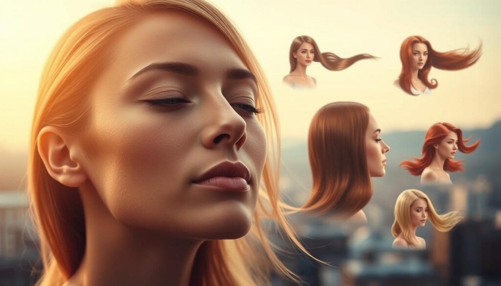 A visually stunning portrait showcasing the benefits of using AI for hair styling choices. In the foreground, a close-up of a person's face, their eyes closed in contemplation, as they imagine their ideal hairstyle. The middle ground features a floating array of hair color and style options, each rendered with meticulous detail and a soft, dreamlike quality. In the background, a blurred cityscape or natural landscape, conveying a sense of tranquility and introspection. Warm, diffused lighting bathes the scene, creating a serene, almost otherworldly atmosphere. The overall composition and color palette evoke a sense of harmony, empowerment, and the transformative power of leveraging AI technology for personal aesthetic choices.