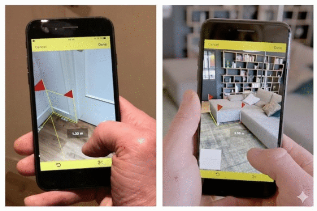 A dynamic scene showcasing a digital measuring tape app displayed on a modern smartphone held by a person in professional attire. The foreground features the smartphone clearly showing precise digital measurements on its screen, illuminated with a soft glow to emphasize technology. In the middle, a tape measure uncoils, presenting accurate measurement marks, blending traditional and modern tools of measurement. The background contains a sleek workspace with soft, diffused lighting, hinting at a professional environment, perhaps with a blueprint and a level tool subtly in view. The mood is one of confidence and accuracy, reflecting the reliability of digital measurements. The image captures a sense of innovation and precision, encapsulating the essence of modern measuring tools.