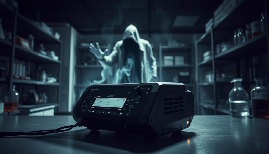 Precisão científica detector fantasmas: a high-tech, sleek ghost-detecting device in a dimly lit laboratory setting. The foreground features the device, with a detailed display panel, intricate circuitry, and a sensor array. The middle ground shows a shadowy, ethereal figure emerging from the device, hinting at its supernatural capabilities. The background depicts a sterile, scientific environment with shelves of equipment, test tubes, and other scientific paraphernalia, conveying a sense of serious, methodical investigation. Dramatic, low-key lighting casts dramatic shadows, heightening the tension and mystery. The overall mood is one of cutting-edge technology probing the boundaries of the paranormal.