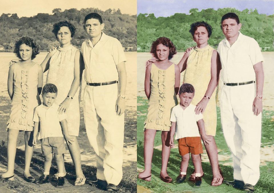 A detailed professional photographic restoration studio with state-of-the-art AI tools. In the foreground, a high-resolution vintage photograph of an elderly couple is displayed on a large monitor, being carefully restored and enhanced by a skilled operator. The middle ground features a variety of specialized digital imaging devices, including scanners, color calibration tools, and advanced software interfaces. The background showcases a clean, modern workspace with sleek, minimalist decor, ample natural lighting, and a serene, contemplative atmosphere to facilitate meticulous restoration work. The overall scene conveys a sense of expertise, technological innovation, and reverence for preserving precious historical memories.