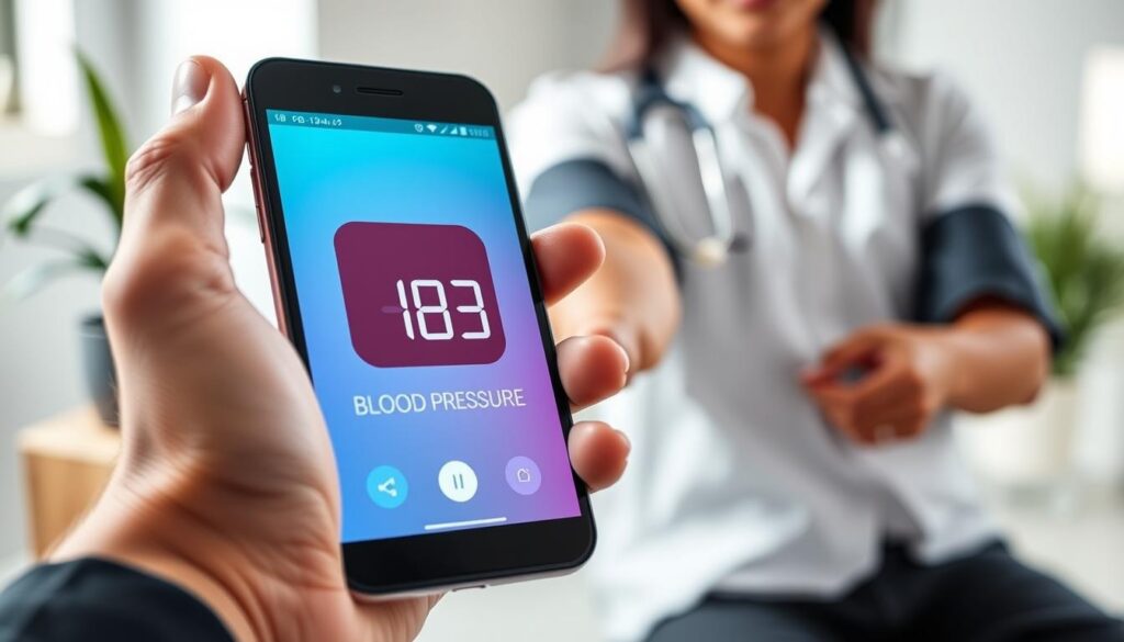 A close-up of a modern smartphone displaying a user-friendly interface for measuring blood pressure, held by a person in professional attire. The focus is on the smartphone's sleek design and the vibrant app screen, which shows a digital blood pressure reading in bright colors. In the background, a calm, softly lit room suggests a medical or health-focused environment, with subtle elements like a plant and a stethoscope. The image should capture a professional, clean, and modern atmosphere, illustrating the convenience and technology of blood pressure monitoring. Natural light filters in, accentuating the details of the phone and the user's focused expression. Ensure the composition conveys confidence and accessibility in health management. A close-up of a modern smartphone displaying a user-friendly interface for measuring blood pressure, held by a person in professional attire. The focus is on the smartphone's sleek design and the vibrant app screen, which shows a digital blood pressure reading in bright colors. In the background, a calm, softly lit room suggests a medical or health-focused environment, with subtle elements like a plant and a stethoscope. The image should capture a professional, clean, and modern atmosphere, illustrating the convenience and technology of blood pressure monitoring. Natural light filters in, accentuating the details of the phone and the user's focused expression. Ensure the composition conveys confidence and accessibility in health management.