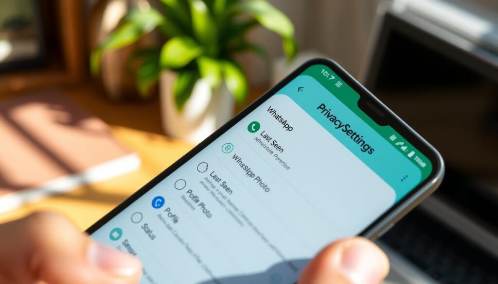 A close-up view of a smartphone displaying the WhatsApp privacy settings interface in vibrant detail. The foreground features the screen with highlighted options like "Last Seen," "Profile Photo," and "Status." The middle ground shows a hand in professional attire, gently navigating the interface, while a blurred background includes elements of a comfy home office, like a desk and a plant, creating a warm atmosphere. Soft, natural lighting shines from the side, casting gentle shadows that enhance the focus on the smartphone. The overall mood is informative and engaging, suitable for an article about parental control settings. A close-up view of a smartphone displaying the WhatsApp privacy settings interface in vibrant detail. The foreground features the screen with highlighted options like "Last Seen," "Profile Photo," and "Status." The middle ground shows a hand in professional attire, gently navigating the interface, while a blurred background includes elements of a comfy home office, like a desk and a plant, creating a warm atmosphere. Soft, natural lighting shines from the side, casting gentle shadows that enhance the focus on the smartphone. The overall mood is informative and engaging, suitable for an article about parental control settings.