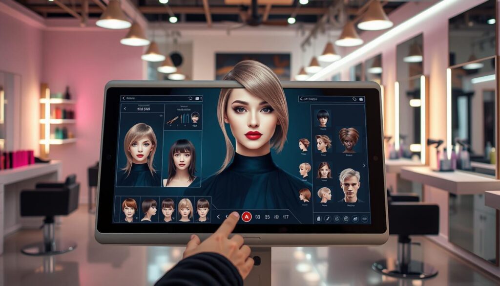 A modern, sleek hairstyling simulation tool interface set against a contemporary salon backdrop. In the foreground, a user interacts with a digital screen showcasing a variety of innovative AI haircuts on a virtual model with a stylish appearance. The middle ground features a well-lit, chic salon environment adorned with hair products and tools, creating a professional atmosphere. The background reveals stylish salon chairs and mirrors reflecting the vibrant colors of the digital displays. Soft, diffused lighting enhances the futuristic mood, emphasizing the fusion of technology and personal grooming. The scene is captured from a dynamic angle, drawing viewers into the engaging world of AI-driven hairstyling tools, focusing on the interface and simulated haircuts without any clutter or distractions.