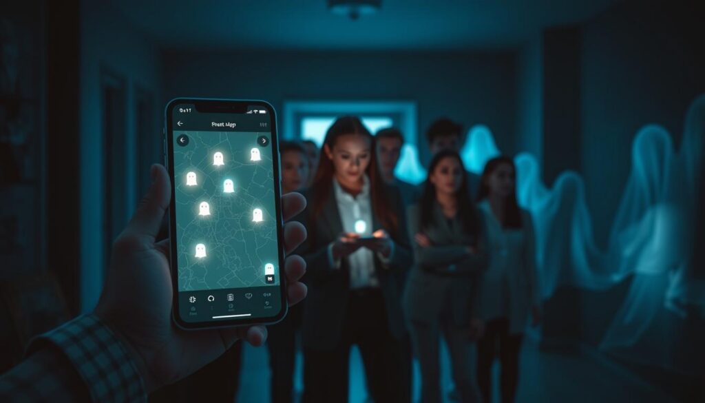 A modern user interface of a ghost detection app displayed on a smartphone in the foreground. The app screen showcases an interactive map with glowing icons representing ghost activity. The middle ground features a diverse group of people, dressed in professional attire or casual clothing, looking at the phone with expressions of curiosity and intrigue. In the background, a dimly lit room with subtle shadows and ghostly figures softly illuminated by ethereal light creates a mysterious atmosphere. The color palette is a blend of deep blues and cool whites, enhancing the supernatural theme. The scene is photographed from a slight angle to emphasize the interaction with the app, capturing a sense of excitement and wonder. The lighting is soft with a hint of glow emanating from the app, creating an inviting yet eerie ambiance.