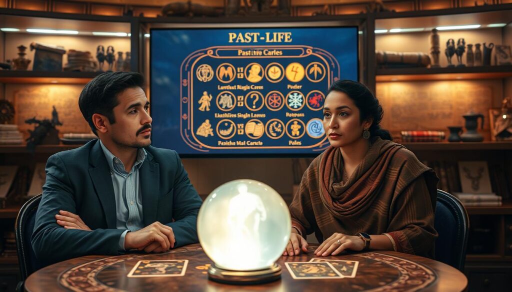 A mystical and engaging interactive test about past lives, featuring a diverse group of people engaged in thoughtful contemplation. In the foreground, two individuals, a man in professional attire and a woman in modest casual clothing, are seated at a round table with a glowing crystal ball and tarot cards. Their expressions show curiosity and wonder. The middle layer showcases an interactive digital screen displaying a vibrant menu of past life scenarios, with symbols from various cultures and epochs. In the background, softly lit shelves filled with ancient scrolls and artifacts suggest a space of knowledge and discovery. The atmosphere is ethereal and inviting, with warm lighting and a sense of mystery, evoking a journey through time and identity.