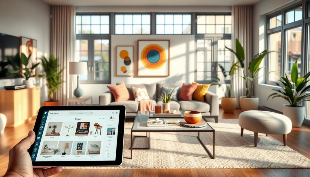 A serene and inviting living room interior showcasing a step-by-step decor process using artificial intelligence. In the foreground, a sleek tablet displays a user-friendly AI interface with design options. In the middle, a stylishly arranged seating area with a modern sofa, decorative pillows, and an elegant coffee table holding design samples and color swatches. The background features large windows allowing soft, natural light to filter in, illuminating the space and enhancing the vibrant wall art and potted plants. The atmosphere is warm and creative, inspiring homeowners to reinvent their spaces with innovative technology. Shot with a wide-angle lens from a slightly elevated angle, capturing the essence of home transformation through AI-assisted decor.