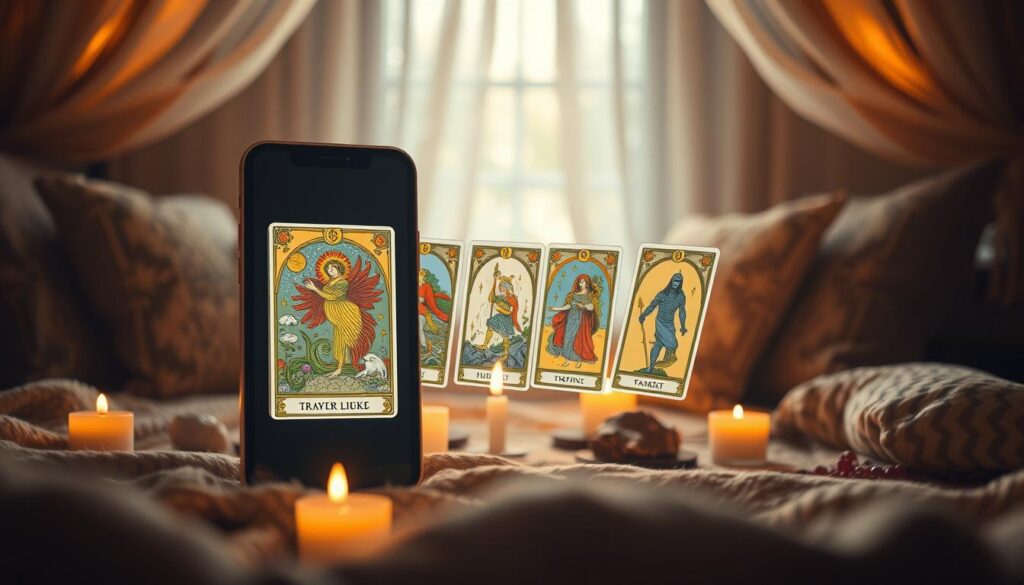A sleek and modern tarot app interface displayed prominently in the foreground, showcasing beautifully designed tarot cards featuring vibrant illustrations of the major arcana. Behind the app screen, a soft, ethereal light bathes the scene in a mystical glow, suggesting a sense of discovery and introspection. The middle background features a cozy, inviting setting that resembles a serene reading nook, with plush cushions and warm, ambient lighting. Subtle elements like crystals and candles are scattered throughout, enhancing the mystical atmosphere. The angle is slightly tilted to provide depth, focusing on the app's functionality while maintaining a warm, inviting mood. The overall feel of the image is one of curiosity and inspiration, perfect for illustrating the features of a tarot app.