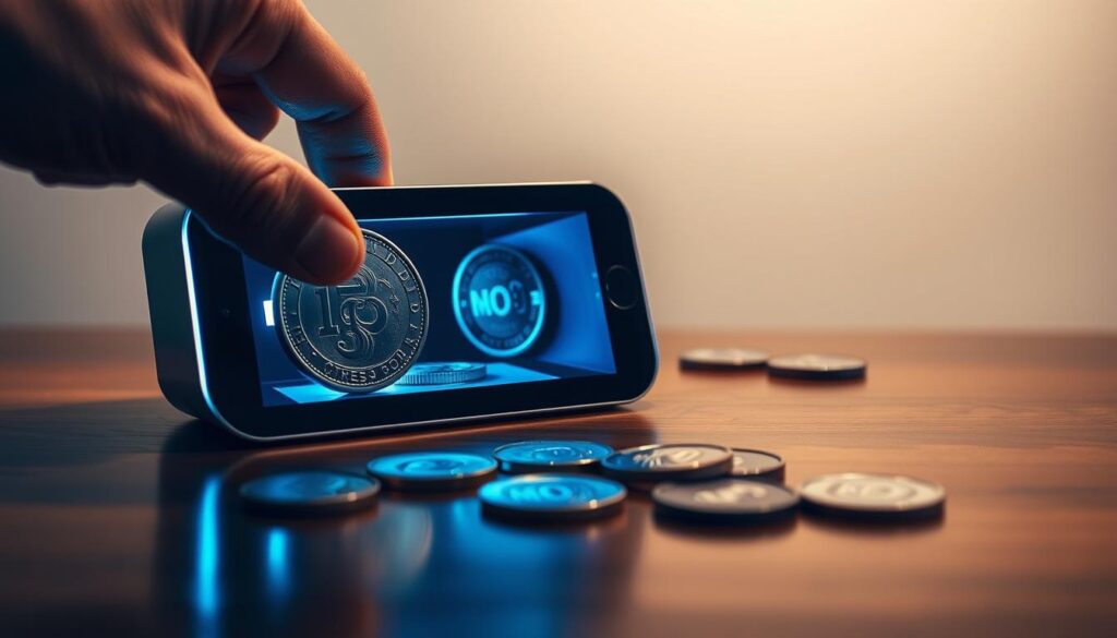 A sleek, high-tech coin ID scanner placed on a polished wooden table, highlighting its illuminated display showing detailed images of rare coins. In the foreground, a hand adjusts the scanner, showcasing a metallic coin reflecting intricate designs. The scanner emits a soft blue glow, creating a futuristic ambiance. In the middle ground, several coins are artfully scattered, revealing their unique features illuminated by the scanner's lighting. The background features a subtle gradient, enhancing the focus on the scanner and coins. The scene is captured with a shallow depth of field, emphasizing clarity on the scanning device, with a soft bokeh effect in the background, conveying a sense of advanced technology and precision. The overall mood is one of curiosity and discovery, inviting viewers to explore the world of rare coins.
