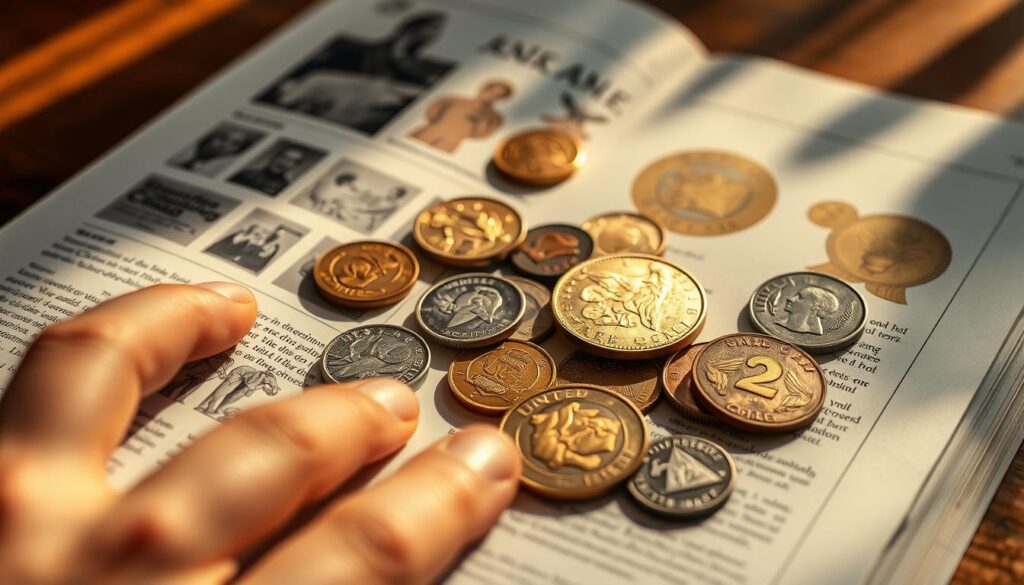 A well-lit, close-up view of a beautifully arranged collection of rare coins displayed in an open catalog. The foreground features a hand gently pointing to a section of the catalog, which showcases detailed illustrations and descriptions of the coins. In the middle, several vintage coins glimmer in various metallic shades, including gold, silver, and copper, reflecting the light. The background softly fades into a wooden table surface, with warm lighting casting gentle shadows, evoking a sense of nostalgia and intrigue. The atmosphere should feel educational yet inviting, suggesting a serious yet passionate hobby of numismatics. No text or branding should be present, focusing on the visual beauty of the coins and the catalog layout.