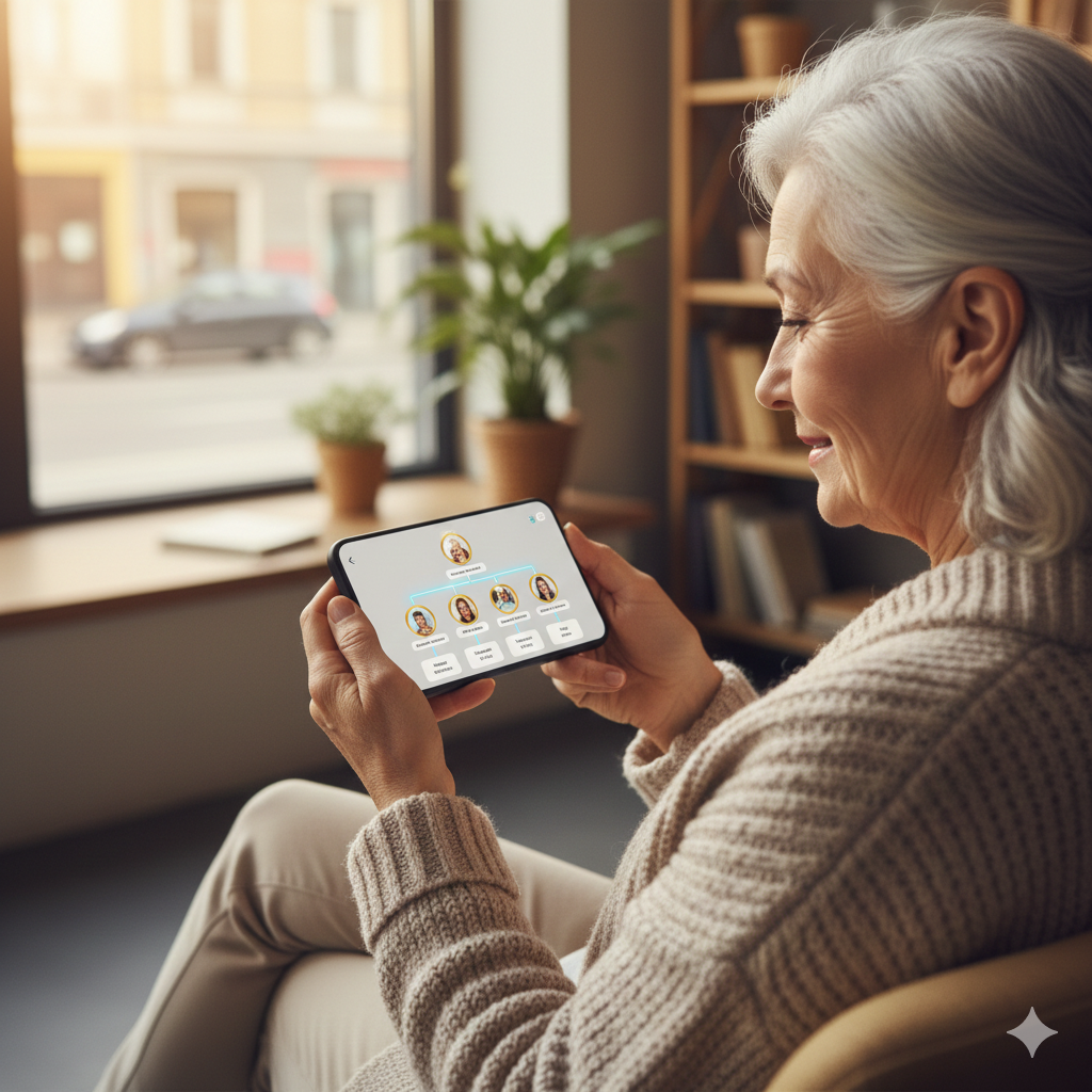 A visually striking depiction of a family tree intertwined with advanced technology, symbolizing genealogical success stories enabled by AI. In the foreground, a digital tree with glowing branches sprouts vibrant leaves, each representing a successful family lineage, connected by lines of light. The middle ground features individuals of diverse backgrounds, dressed in professional attire, engaged with tablets and holographic displays, illustrating their discoveries and connections to their ancestry. The background showcases a modern, sleek office environment bathed in soft, ambient lighting, enhancing the technological and innovative feel. The mood is one of excitement and curiosity, capturing the essence of exploration and discovery in the field of genealogical research. Use a wide-angle lens to emphasize the expanse of the family tree and the engaged individuals.