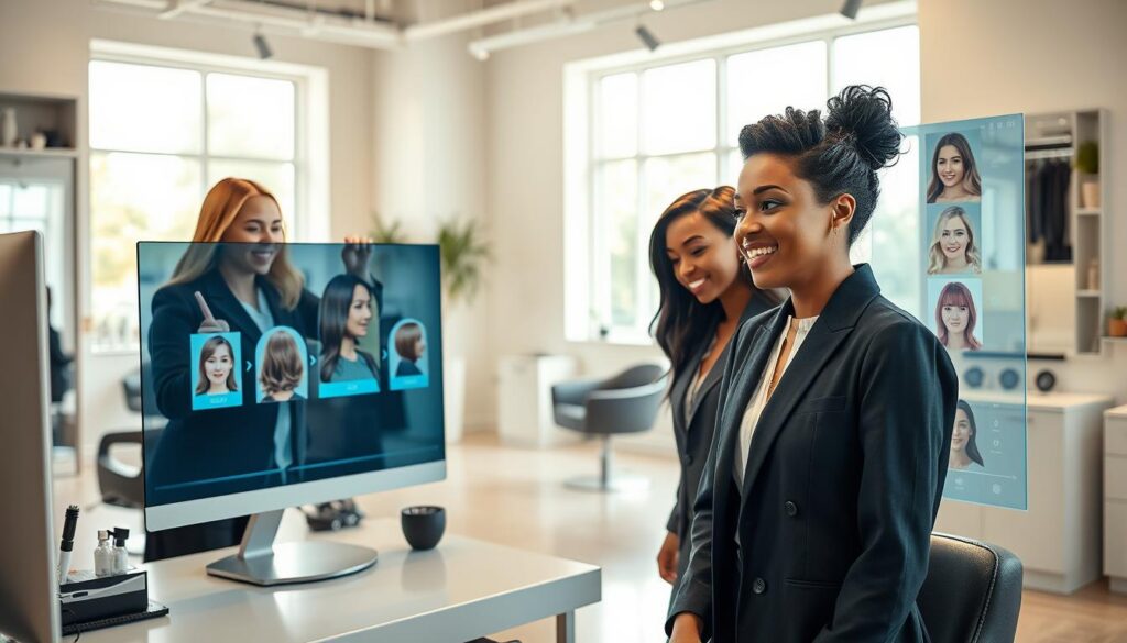 A bright, inviting salon environment showcasing a digital hair simulation experience. In the foreground, a stylist assisting a diverse, professionally dressed client with a futuristic hair simulation screen displaying various haircuts and colors. The middle ground features a sleek, modern workstation filled with high-tech tools, and a mirror reflecting the excitement on the client's face. The background includes stylish salon decor with soft, natural lighting filtering through large windows, creating a warm atmosphere. The mood is optimistic and innovative, highlighting the convenience and creativity of using AI to explore new hairstyles. The image emphasizes the transformative potential of hair simulations for personal styling decisions.