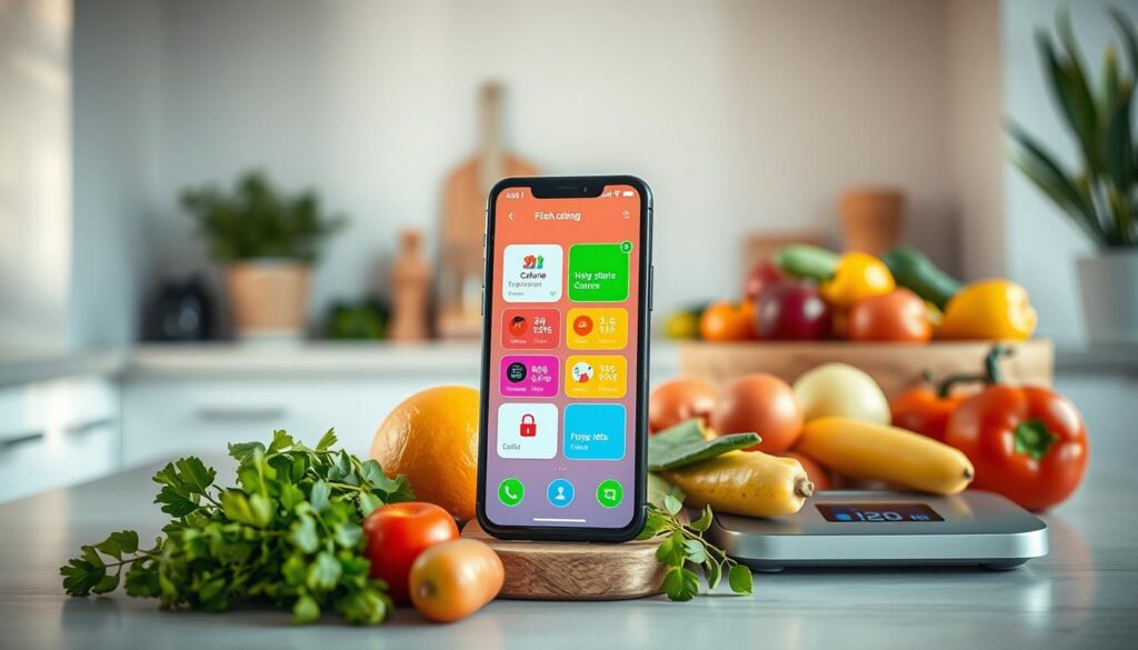 A modern mobile phone displaying popular calorie-counting app interfaces in vivid colors, prominently positioned in the foreground. Surrounding the phone, a variety of fresh, healthy food items like fruits, vegetables, and a digital scale to signify health and nutrition. In the middle ground, a blurred out kitchen setting with soft, natural lighting enhancing a welcoming atmosphere. The background features a light, neutral-colored wall and a potted plant to add a touch of vitality. The scene evokes a feeling of motivation and wellness, perfect for individuals engaging in calorie tracking. A warm and inviting ambiance complements the theme of health and lifestyle improvement. Focused, detailed, and vibrant with a slight depth of field effect to draw attention to the phone and apps.