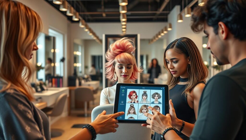 A user-friendly interface showcasing the AI Ease platform for hair simulation, set in a bright, modern salon environment. In the foreground, a diverse group of three individuals, each with different hair types and colors, are engaged in using a sleek digital tablet displaying various hairstyle options. The middle ground features a stylish hair model with a vibrant, whimsical hairstyle while surrounded by mirrors reflecting a charming blend of contemporary and classic decor. The background includes hair styling tools and products neatly arranged, with warm lighting creating an inviting and creative atmosphere. Capture the excitement and ease of experimenting with hairstyles through advanced AI technology, evoking a sense of innovation and personalization.